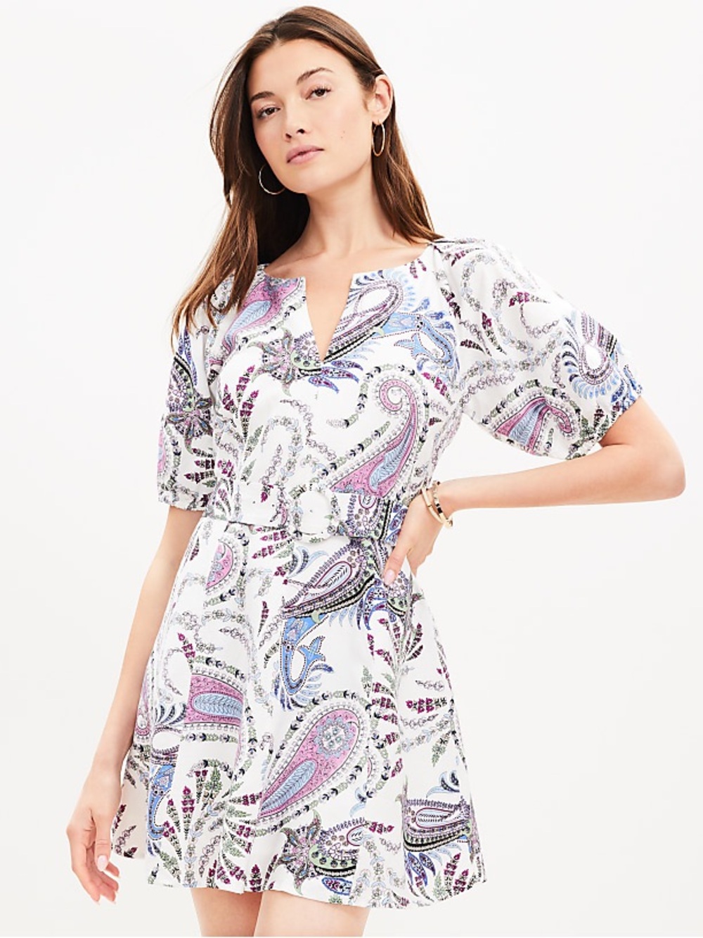 LOFT Paisley Linen Blend Belted Puff Sleeve Dress Cottagecore 6 Petite
